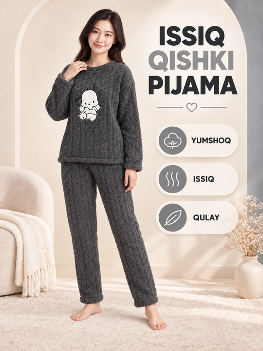 Ayollar va qizlar uchun issiq qishki flizli pijama dvoyka, komplekt shim, triko, kofta