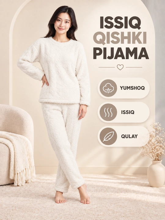 Ayollar va qizlar uchun issiq qishki flizli pijama dvoyka, komplekt shim, triko, kofta - 
