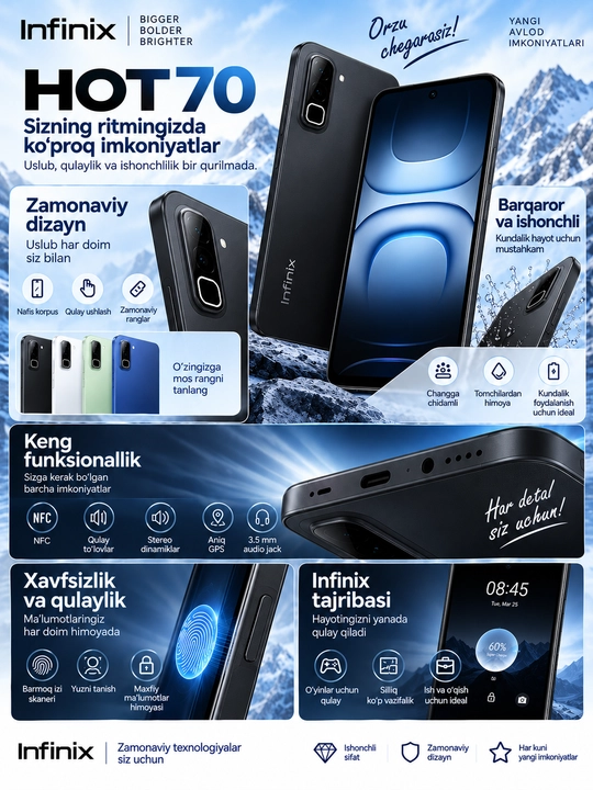 Smartfon infinix Hot 70, 6000mAh 45w, 50+8mp, IPS 120hz