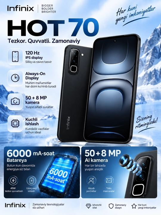 Смартфон Infinix Hot70 6000мАч, быстрая зарядка 45Вт камера 50+8МП IPS-дисплей 120Гц - 