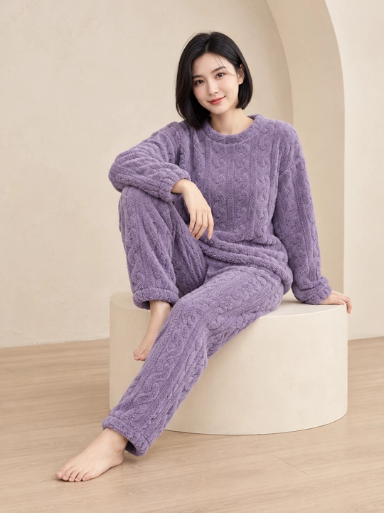 Ayollar va qizlar uchun issiq qishki flizli pijama dvoyka, komplekt shim, triko, kofta