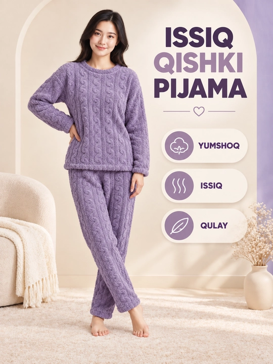 Ayollar va qizlar uchun issiq qishki flizli pijama dvoyka, komplekt shim, triko, kofta - 