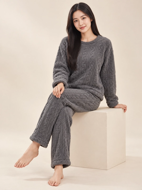 Ayollar va qizlar uchun issiq qishki flizli pijama dvoyka, komplekt shim, triko, kofta