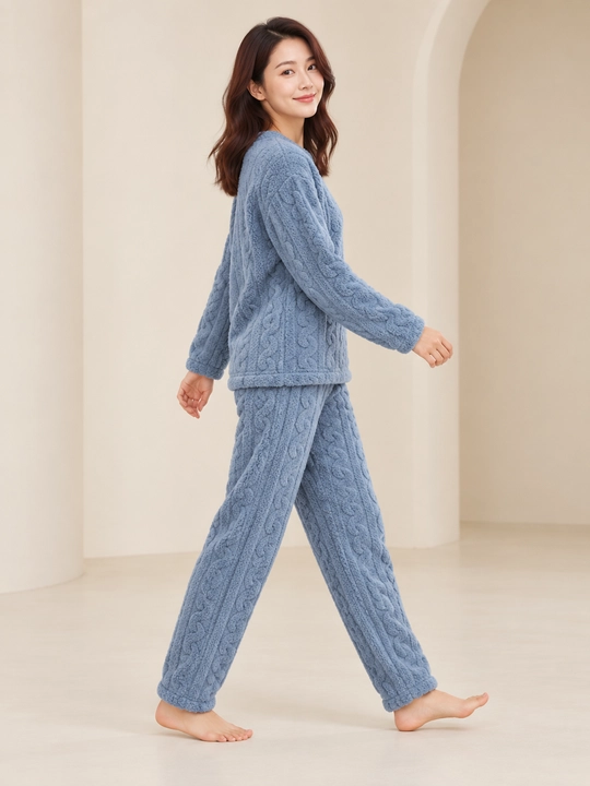 Ayollar va qizlar uchun issiq qishki flizli pijama dvoyka, komplekt shim, triko, kofta