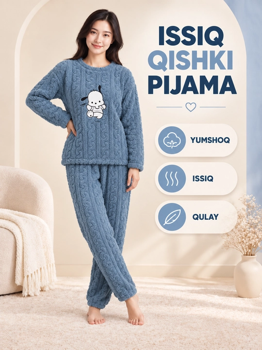 Ayollar va qizlar uchun issiq qishki flizli pijama dvoyka, komplekt shim, triko, kofta - 