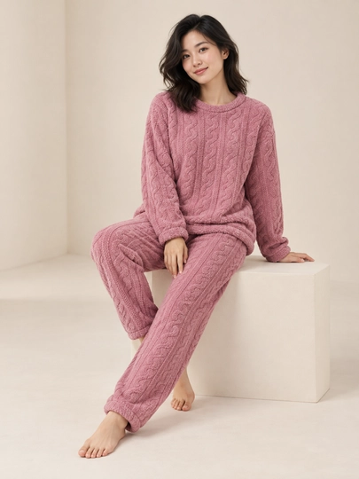 Ayollar va qizlar uchun issiq qishki flizli pijama dvoyka, komplekt shim, triko, kofta