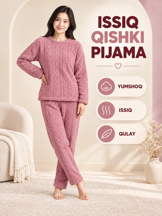 Ayollar va qizlar uchun issiq qishki flizli pijama dvoyka, komplekt shim, triko, kofta - 