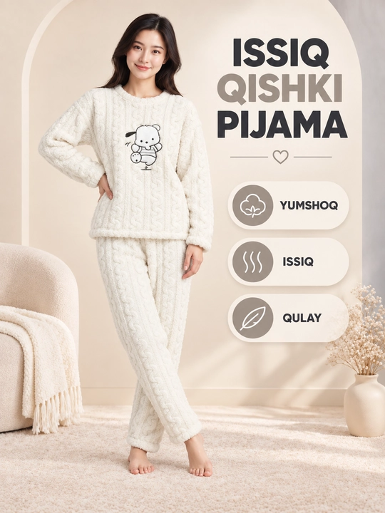Ayollar va qizlar uchun issiq qishki flizli pijama dvoyka, komplekt shim, triko, kofta - 