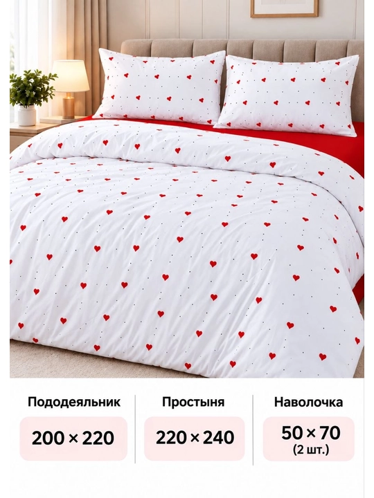 Постельное белье 2 спальное с сердечками, мягкая ткань, пододеяльник и наволочки