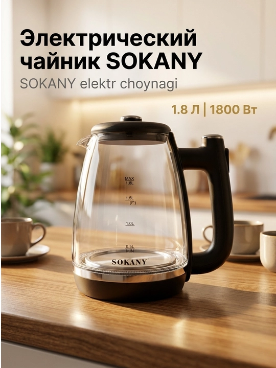 Электрический чайник SOKANY SK-09034, стеклянный, 1,8 л, 1800 Вт - 