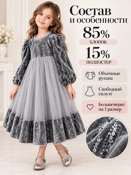 Детское праздничное платье для детей 4-9 лет, с пайетками и фатином