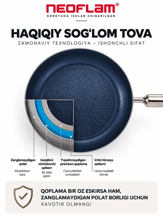 NEOFLAM EDGE WOK Tova, 28 sm, zanglamaydigan po‘latdan, induksion, ko‘k, keramik