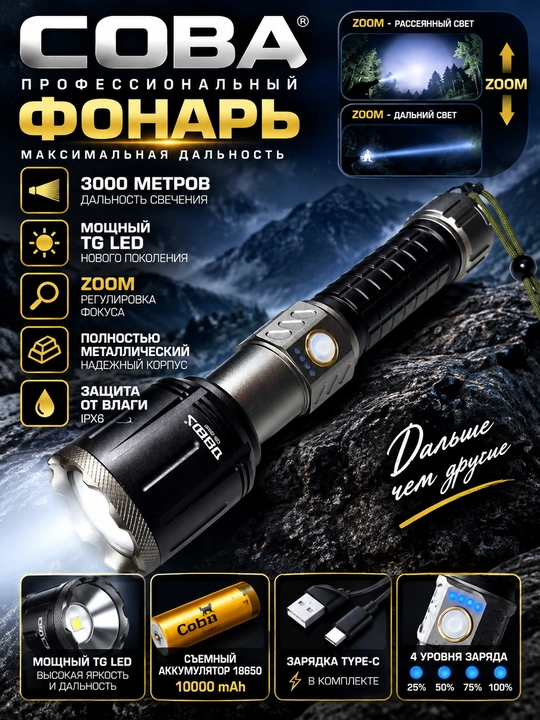 Фонарь тактический, мощный светодиодный фонарь COBA, дальность 3 километра