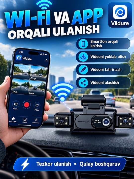 Видеорегистратор 4 камеры, G-сенсор, Wi-Fi, подключение к смартфону и датчик удара