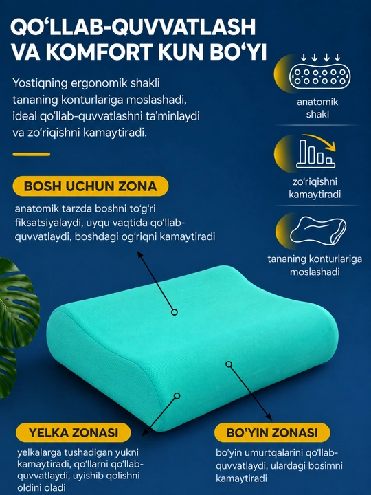 Ortopedik yostiq Memory Foam, uxlash uchun anatomik yostiq, bosh va bo‘yin uchun