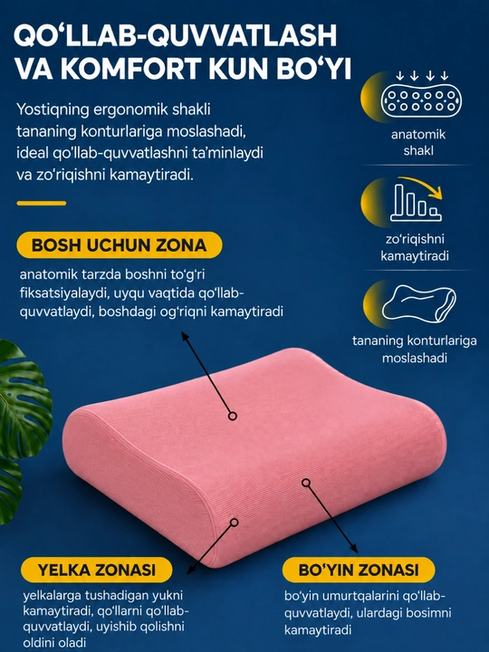 Ortopedik yostiq Memory Foam, uxlash uchun anatomik yostiq, bosh va bo‘yin uchun