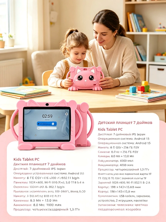 Детский планшет 7", 8GB+256GB, Android, силиконовый чехол, обучение-развлечения планшет