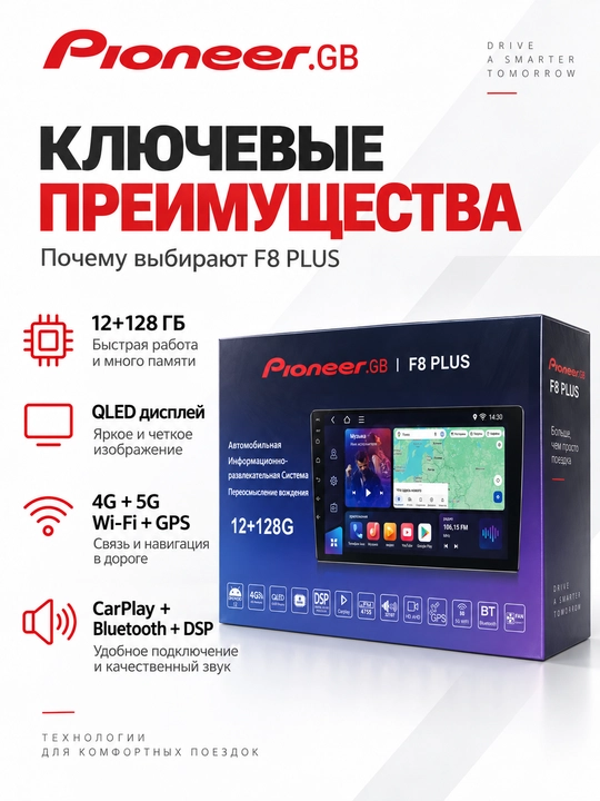 Pioneer.GB F8 Plus Android 12 avtomagnitola, QLED, 12/128 GB, DSP