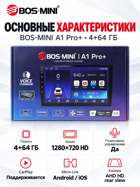 BOS MINI A1 Pro+ автомагнитола 4/64 ГБ, IPS 1280×720, CarPlay/Android Auto