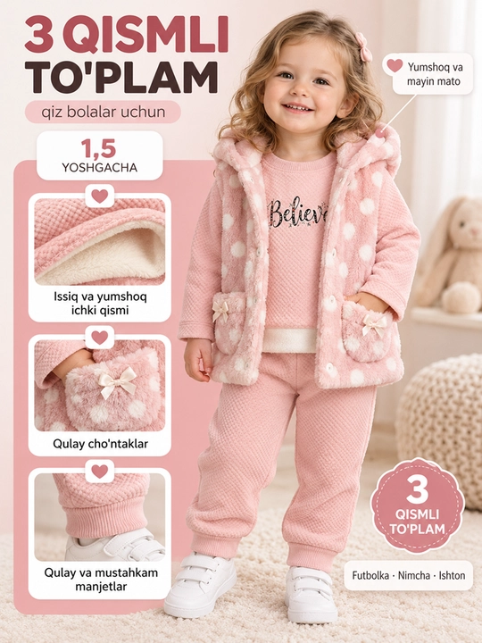 Qiz bolalar uchun 3 qismli qishki to'plam, nimcha, futbolka, ishton, 1,5 yosh - 