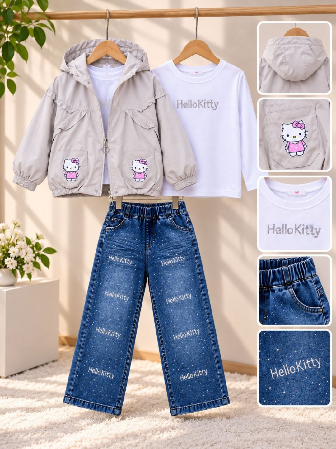 Комплект для девочки: куртка футболка и джинсы в стиле Hello Kitty