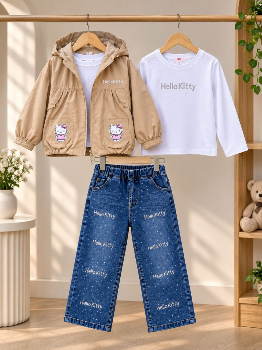Комплект для девочки: куртка футболка и джинсы в стиле Hello Kitty