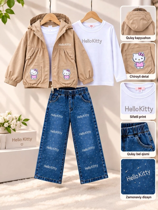 Комплект для девочки: куртка футболка и джинсы в стиле Hello Kitty