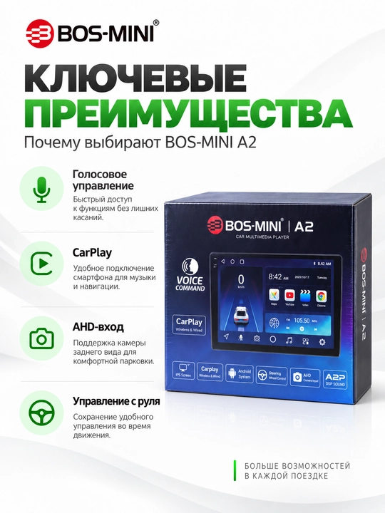 BOS MINI A2 автомагнитола 9″ IPS, 4/64 ГБ, CarPlay, Android Auto, DSP