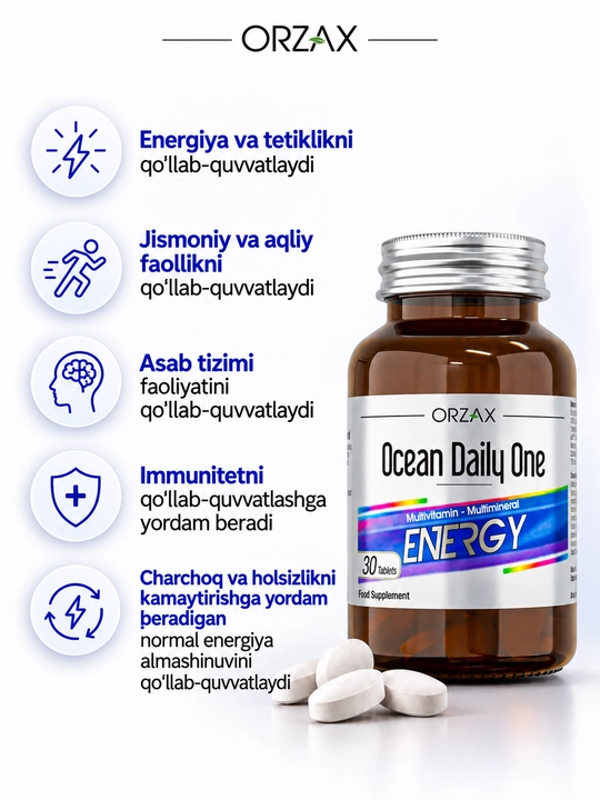 Ocean Daily One Energy — 12 vitamin, 10 mineral, jenshen va Q10, №30, Halol.