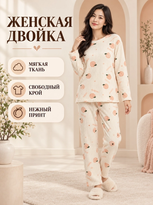 Ayollar uchun flisli uzun yengli pijama, g‘ijimcha fakturali, oddiy rangli va naqshli - 