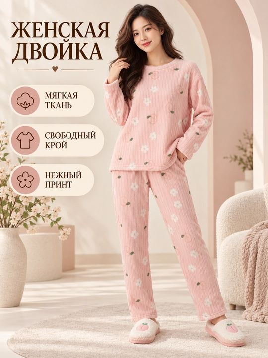 Ayollar uchun flisli uzun yengli pijama, g‘ijimcha fakturali, oddiy rangli va naqshli - 