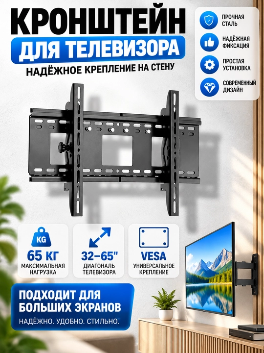 Televizor va monitor uchun kronshteyn, 15" dyumdan 80" dyumgacha barcha TV uchun - 