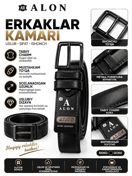 Erkaklar uchun qora charm kamar, klassik metall tokali, sozlanadigan belbog‘