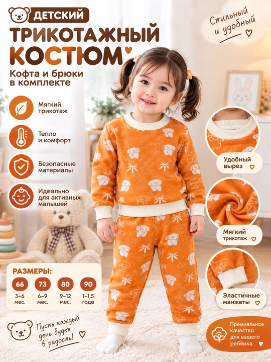 Детский трикотажный костюм, вязаная кофта и брюки, тёплый комплект одежды - 