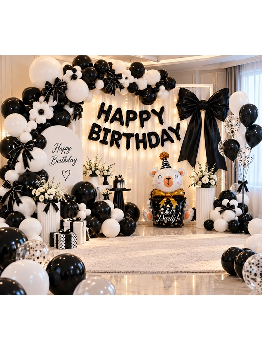 Набор воздушных шаров на день рождения для детей, Happy Birthday, чёрно-белый