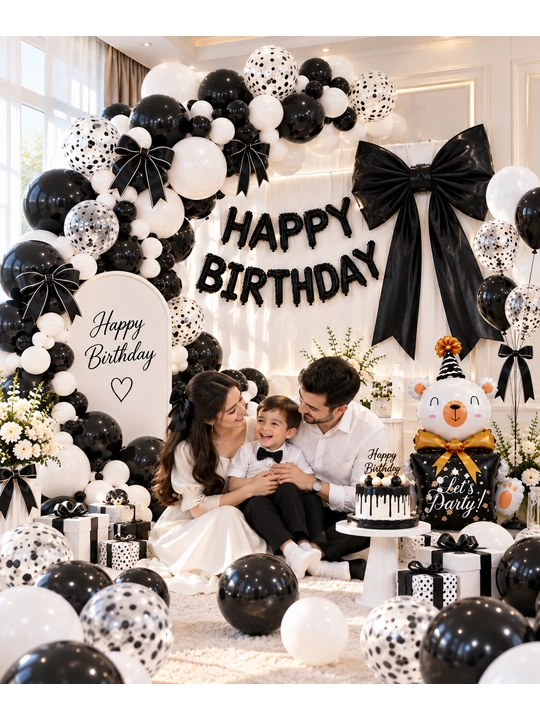 Набор воздушных шаров на день рождения для детей, Happy Birthday, чёрно-белый - 