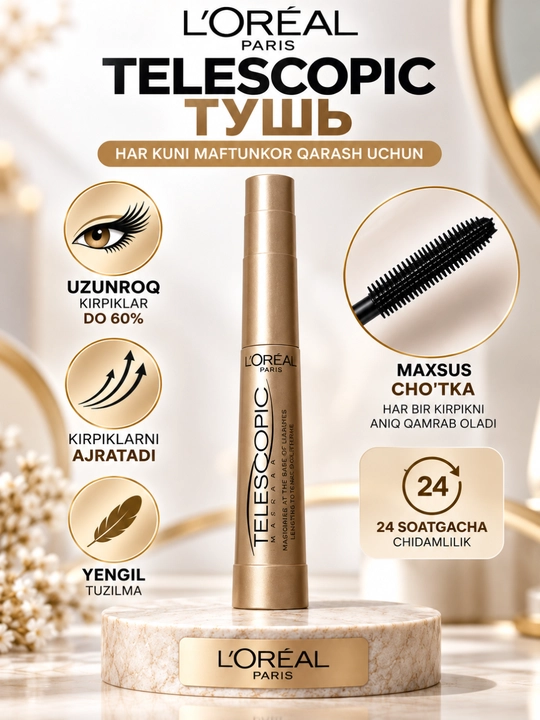 Kipriklar uchun tush L'Oreal Paris Telescopic, qora ko'mir