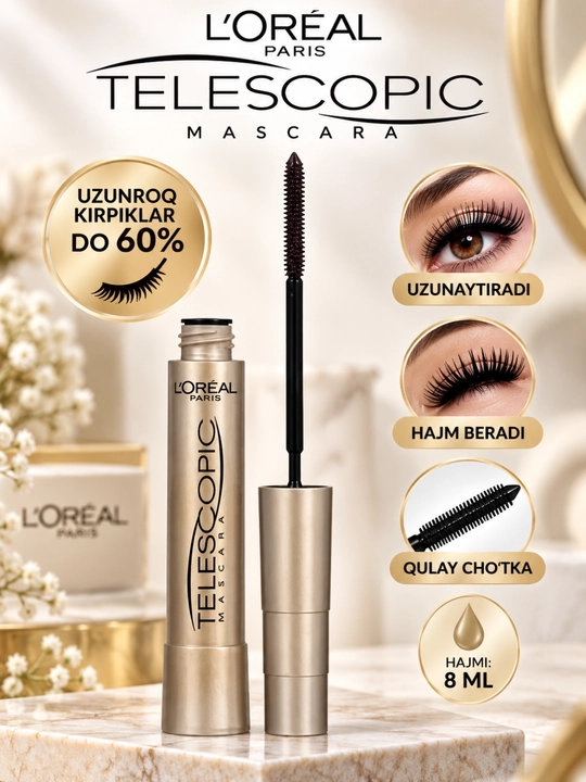 Kipriklar uchun tush L'Oreal Paris Telescopic, qora ko'mir