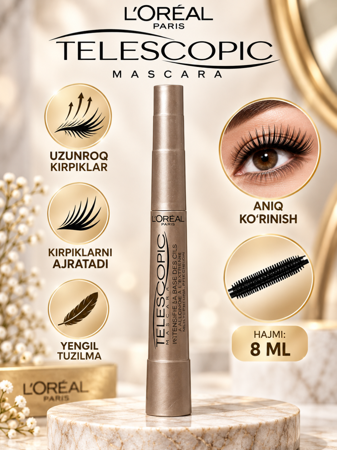 Kipriklar uchun tush L'Oreal Paris Telescopic, qora ko'mir