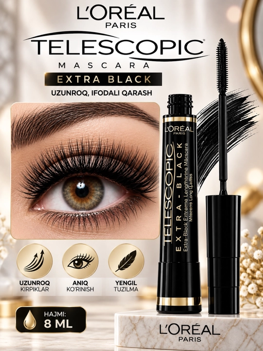 Kipriklar uchun tush L'Oreal Paris Telescopic, qora ko'mir