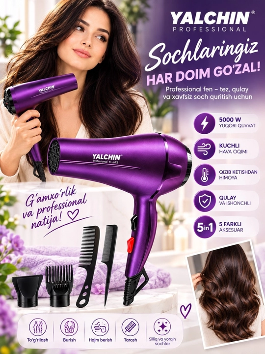 Professional soch feni, 5000W, nasadka va taroqlar to'plami bilan (5 in 1) - 