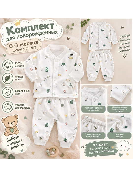 Комплект одежды для новорождённых 3–4 размера, 4 предмета, хлопок - 