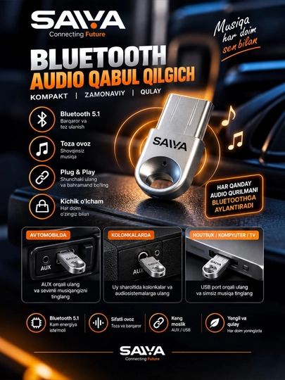Авто Bluetooth адаптер Saiya для автомобилей, для колонки - 