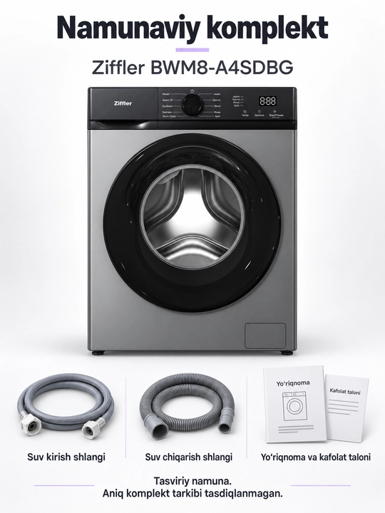 Ziffler BWM8-A4SDBG kir yuvish mashinasi, 8 kg, invertor, bug‘li yuvish, 1200 ayl/min