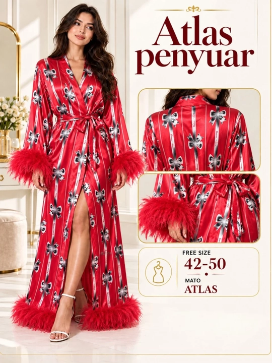 Ayollar uzun atlas xalati, patli, belbog‘li, ipakli uy xalati, 42-50 - 