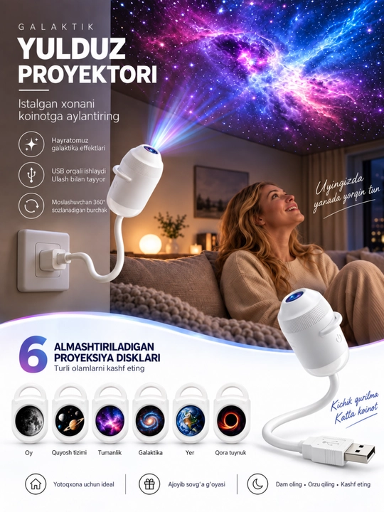 Проектор звездного неба USB, ночник, 360 градусов, 6/12/24 слайдов для комнаты