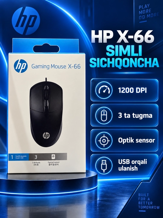 HP X-66 Gaming Mouse simli optik sichqoncha, USB, qora