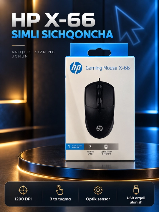 HP X-66 Gaming Mouse simli optik sichqoncha, USB, qora