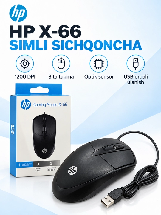 HP X-66 Gaming Mouse simli optik sichqoncha, USB, qora