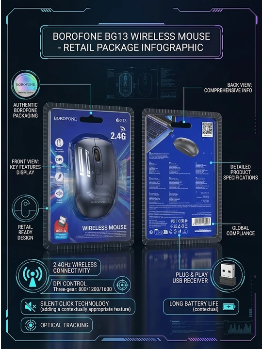 Borofone BG13 Micro-motion simsiz kompyuter sichqonchasi (Ovozsiz)
